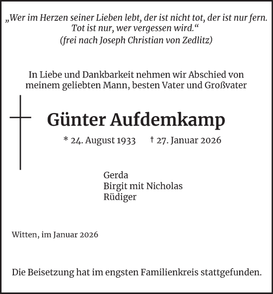 Traueranzeige von Günter Aufdemkamp von Tageszeitung