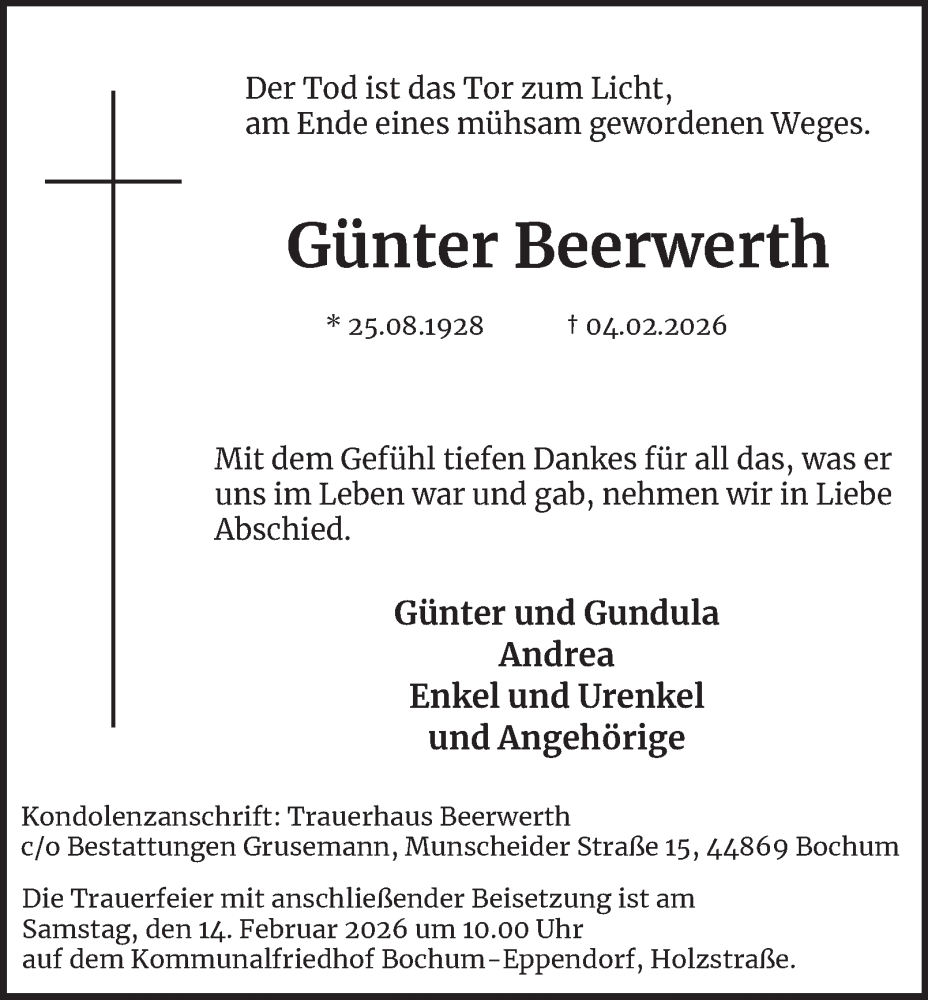  Traueranzeige für Günter Beerwerth vom 12.02.2026 aus Tageszeitung