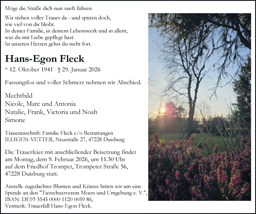  Traueranzeige für Hans-Egon Fleck vom 07.02.2026 aus Tageszeitung