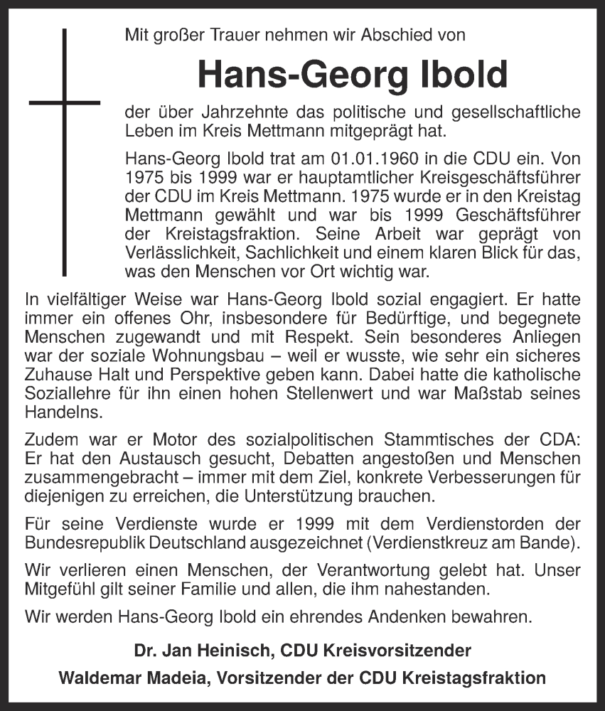  Traueranzeige für Hans-Georg Ibold vom 07.02.2026 aus Tageszeitung