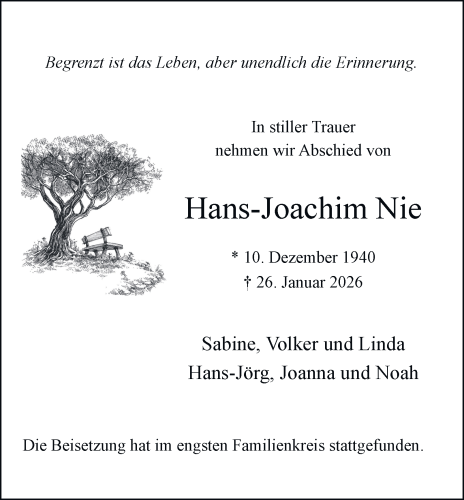  Traueranzeige für Hans-Joachim Nie vom 07.02.2026 aus Tageszeitung