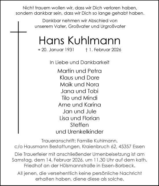 Traueranzeige von Hans Kuhlmann von Tageszeitung