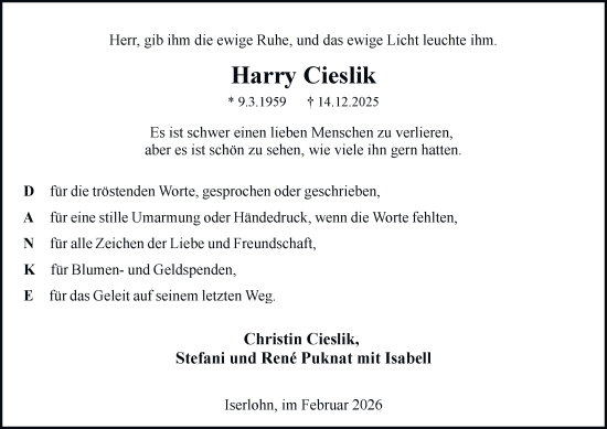 Traueranzeige von Harry Cieslik von Tageszeitung