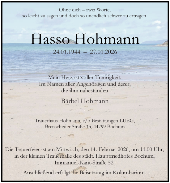 Traueranzeige von Hasso Hohmann von Tageszeitung