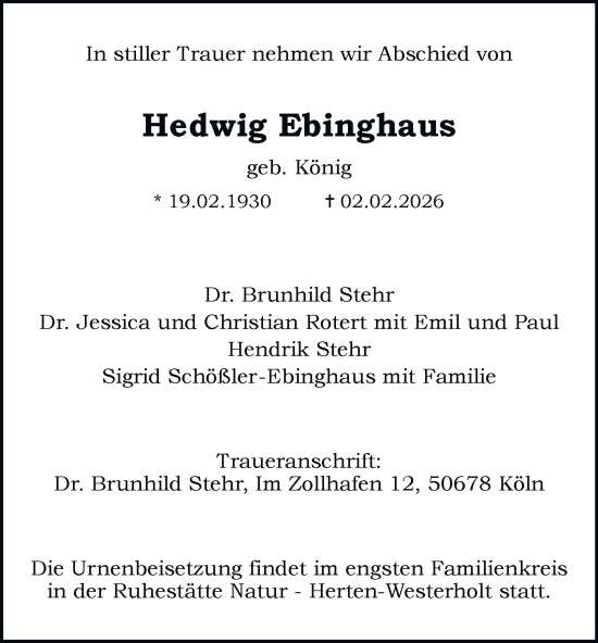 Traueranzeige von Hedwig Ebinghaus von Tageszeitung