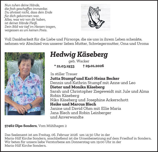 Traueranzeige von Hedwig Käseberg von Tageszeitung