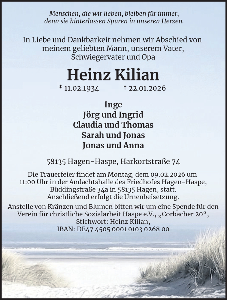  Traueranzeige für Heinz Kilian vom 04.02.2026 aus Tageszeitung