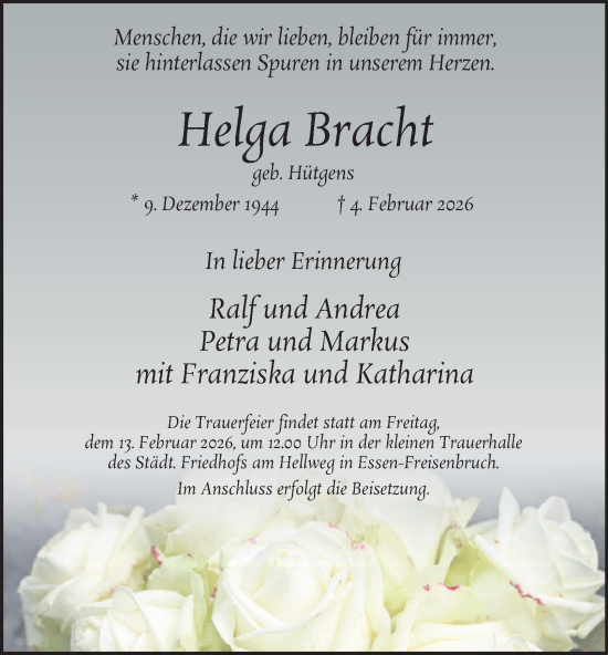 Traueranzeige von Helga Bracht von Tageszeitung