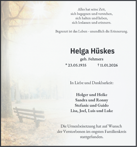 Traueranzeige von Helga Hüskes von Tageszeitung