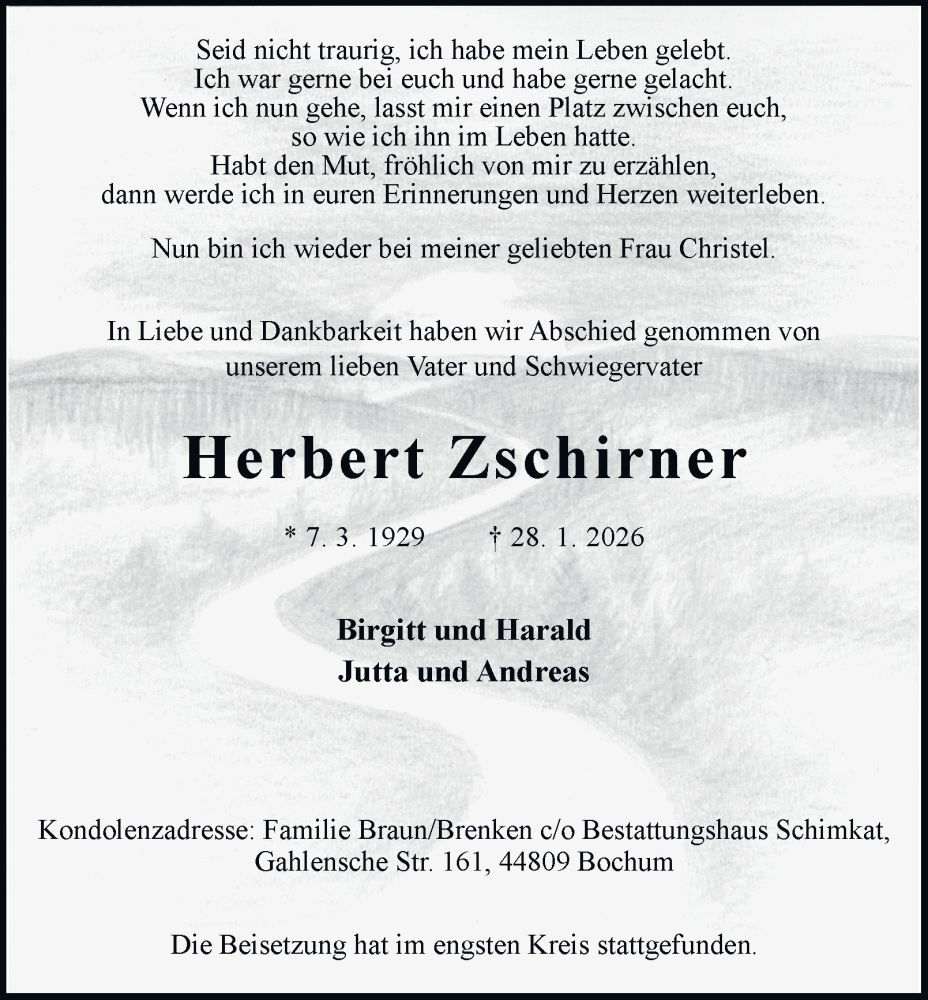  Traueranzeige für Herbert Zschirner vom 07.02.2026 aus Tageszeitung