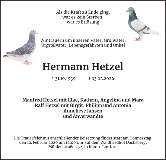Traueranzeige von Hermann Hetzel von Tageszeitung