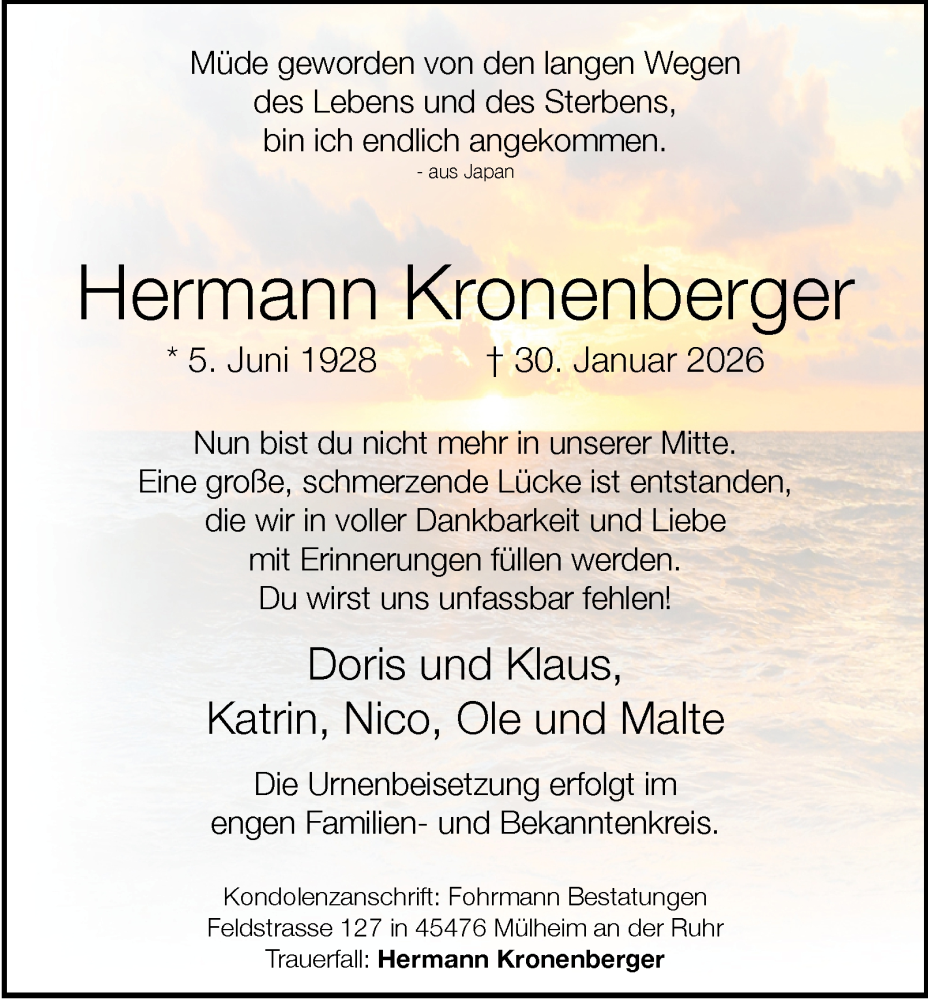  Traueranzeige für Hermann Kronenberger vom 07.02.2026 aus Tageszeitung