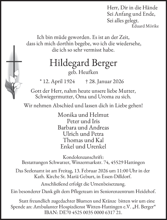 Traueranzeige von Hildegard Berger von Tageszeitung