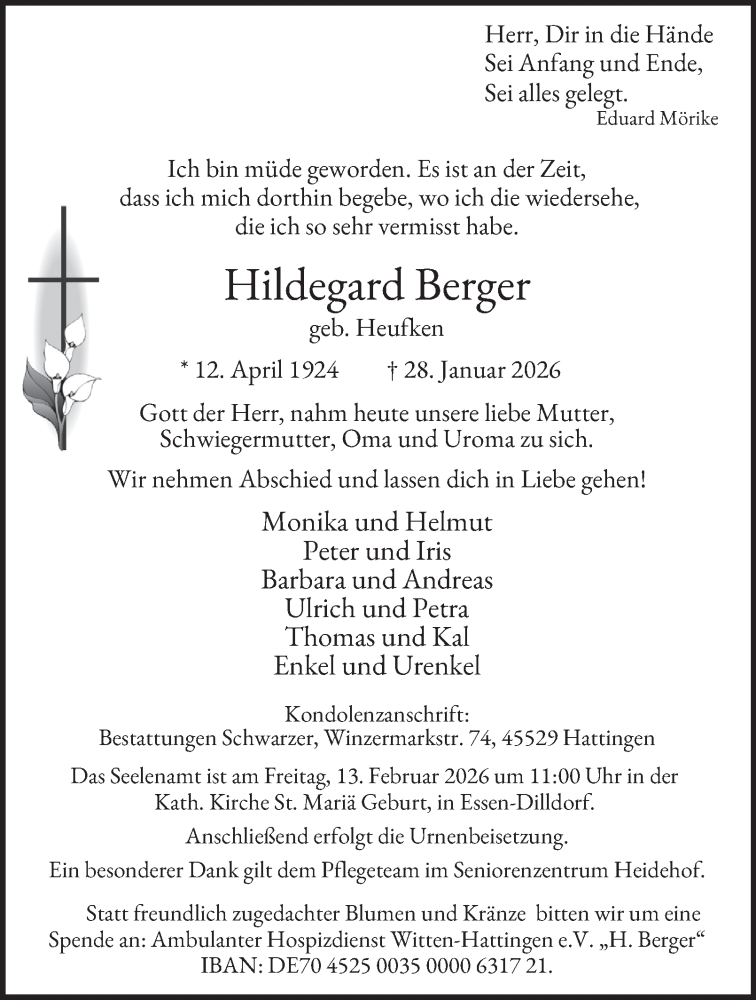  Traueranzeige für Hildegard Berger vom 07.02.2026 aus Tageszeitung
