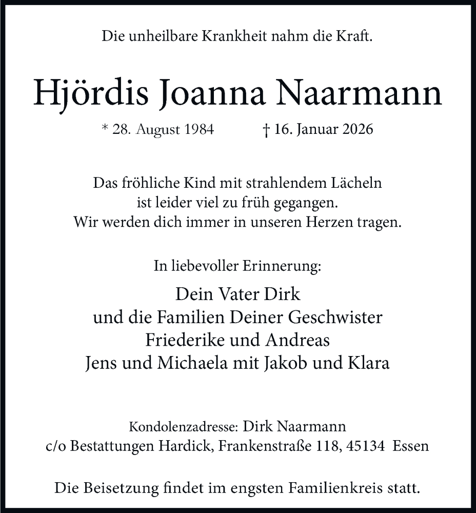  Traueranzeige für Hjördis Joanna Naarmann vom 07.02.2026 aus Tageszeitung