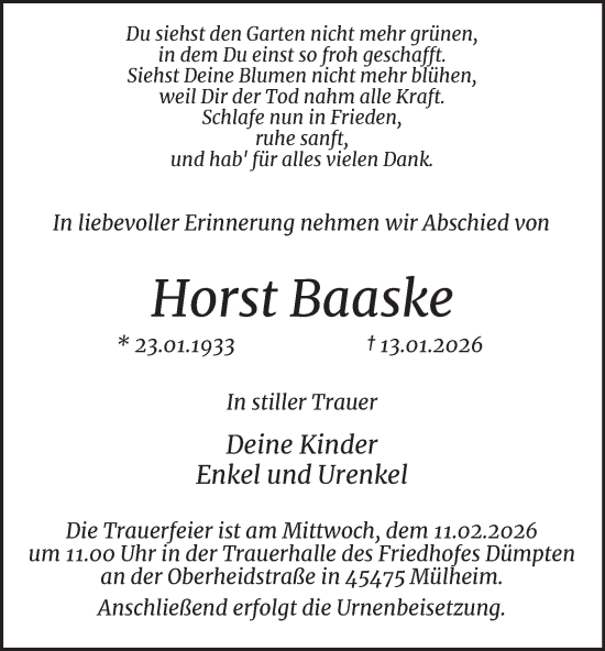 Traueranzeige von Horst Baaske von Tageszeitung