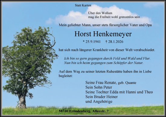 Traueranzeige von Horst Henkemeyer von Tageszeitung
