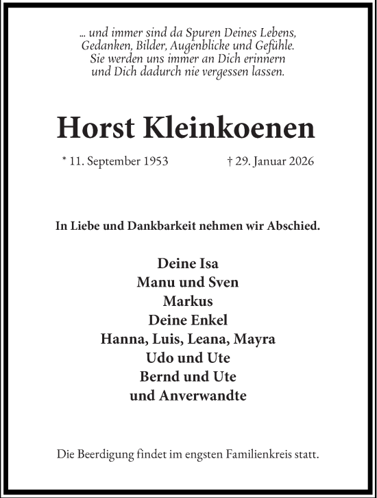 Traueranzeige von Horst Kleinkoenen von Tageszeitung