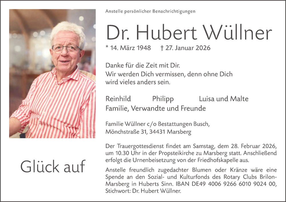  Traueranzeige für Hubert Wüllner vom 07.02.2026 aus Tageszeitung