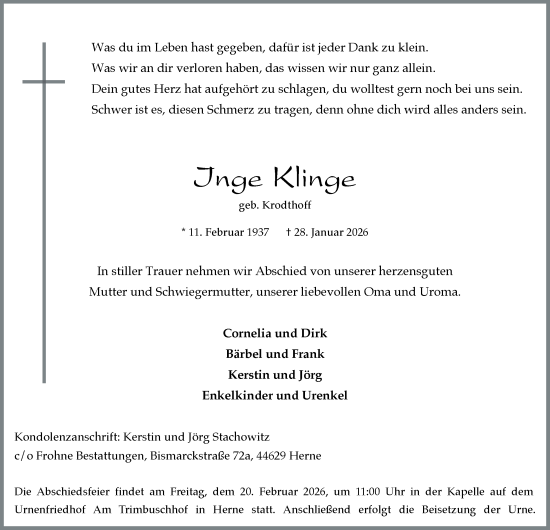 Traueranzeige von Inge Klinge von Tageszeitung