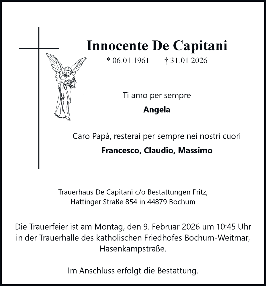  Traueranzeige für Innocente De Capitani vom 07.02.2026 aus Tageszeitung
