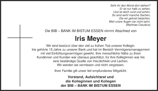 Traueranzeige von Iris Meyer von Tageszeitung