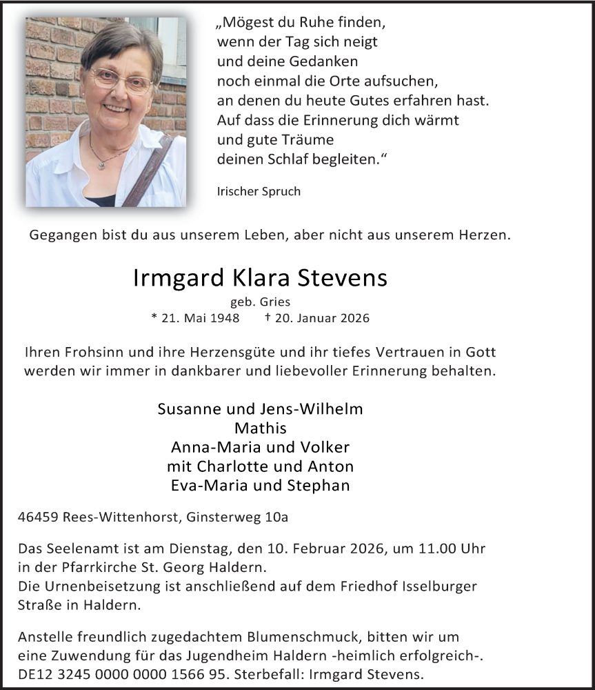 Traueranzeige für Irmgard Klara Stevens vom 04.02.2026 aus Tageszeitung