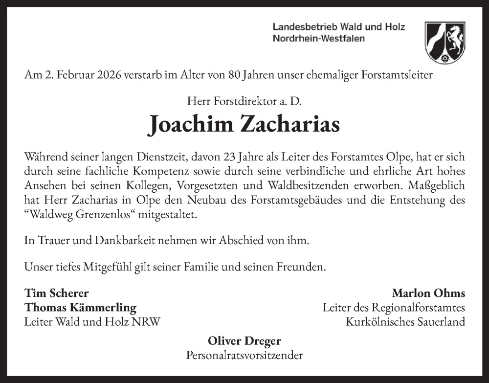  Traueranzeige für Joachim Zacharias vom 12.02.2026 aus Tageszeitung