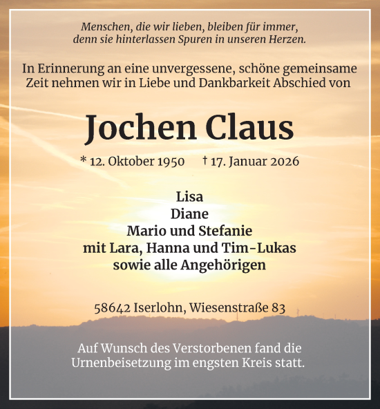 Traueranzeige von Jochen Claus von Tageszeitung