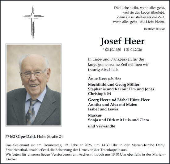 Traueranzeige von Josef Heer von Tageszeitung
