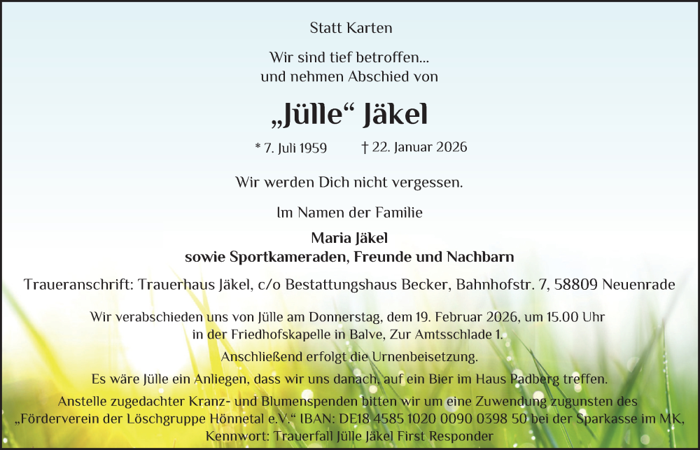  Traueranzeige für Jülle Jäkel vom 07.02.2026 aus Tageszeitung
