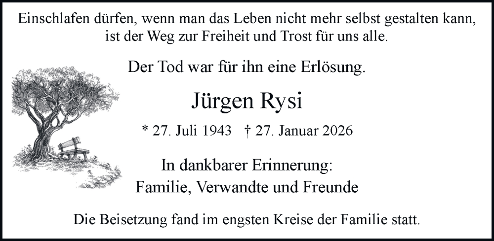  Traueranzeige für Jürgen Rysi vom 11.02.2026 aus Tageszeitung