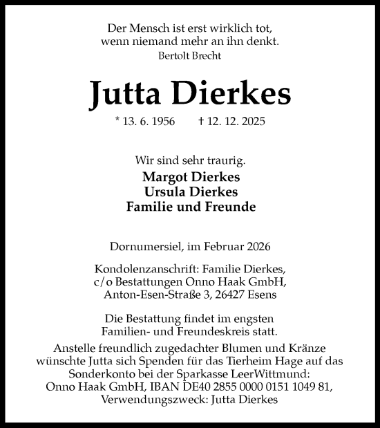 Traueranzeige von Jutta Dierkes von Tageszeitung