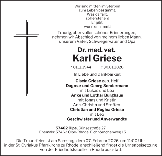 Traueranzeige von Karl Griese von Tageszeitung