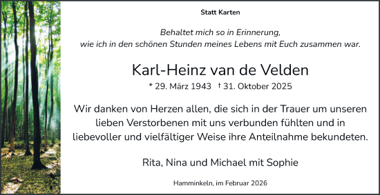 Traueranzeige von Karl-Heinz van de Velden von Tageszeitung