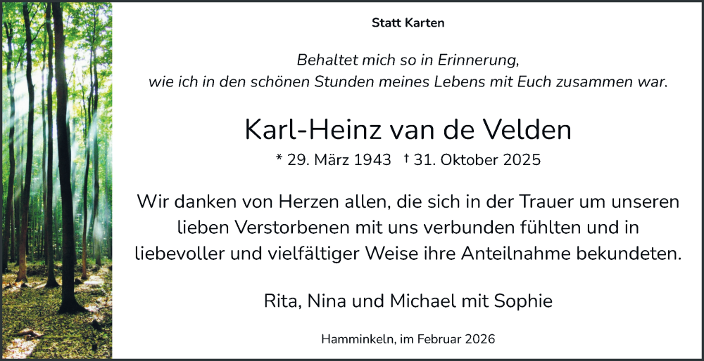  Traueranzeige für Karl-Heinz van de Velden vom 07.02.2026 aus Tageszeitung