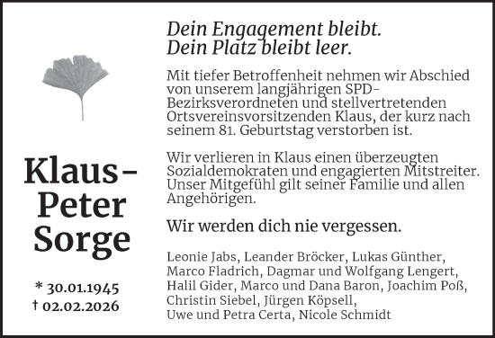 Traueranzeige von Klaus-Peter Sorge von Tageszeitung