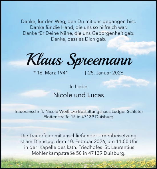 Traueranzeige von Klaus Spreemann von Tageszeitung