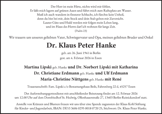 Traueranzeige von Klaus Peter Hanke von Tageszeitung