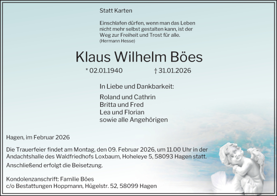 Traueranzeige von Klaus Wilhelm Böes von Tageszeitung