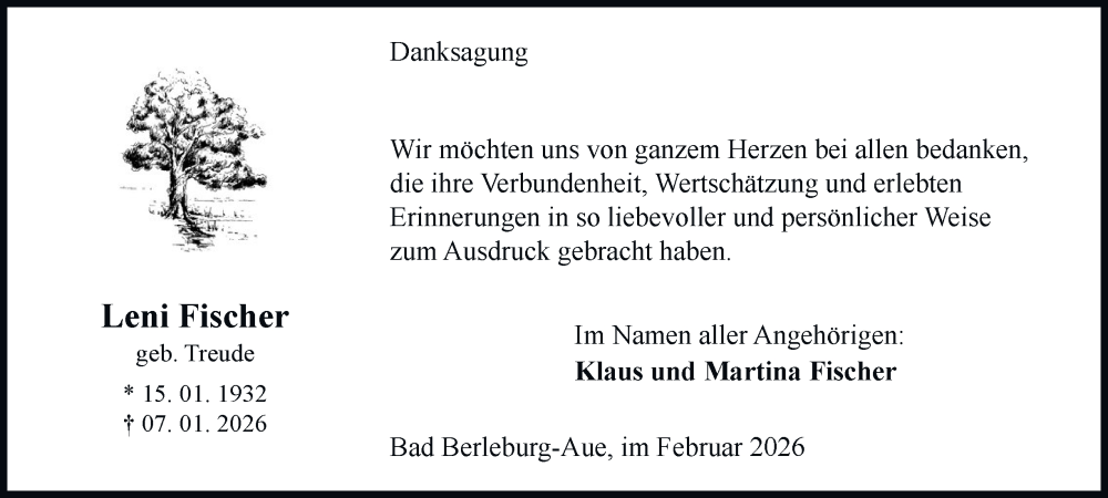  Traueranzeige für Leni Fischer vom 07.02.2026 aus Tageszeitung