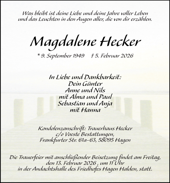 Traueranzeige von Magdalene Hecker von Tageszeitung