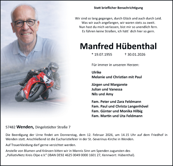Traueranzeige von Manfred Hübenthal von Tageszeitung