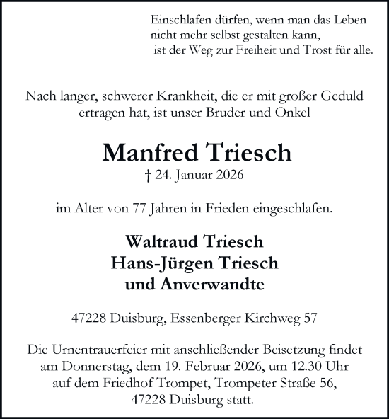 Traueranzeige von Manfred Triesch von Tageszeitung