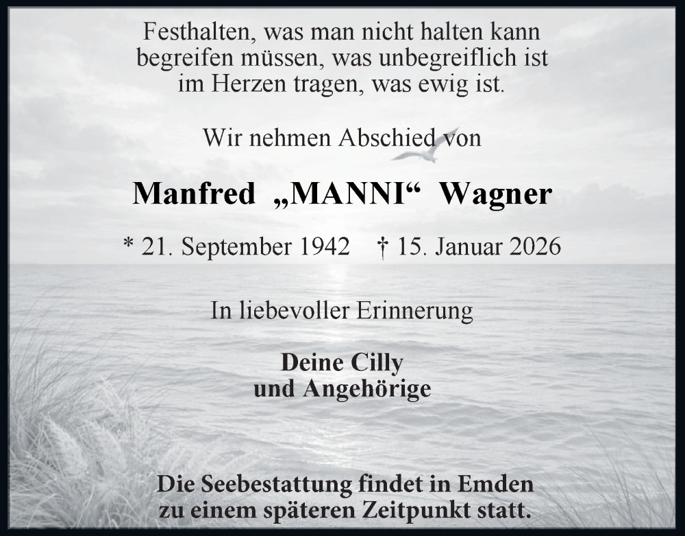  Traueranzeige für Manfred Wagner vom 07.02.2026 aus Tageszeitung