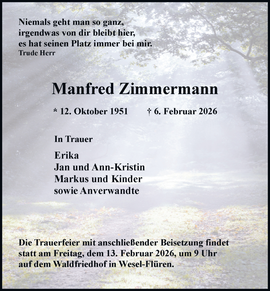 Traueranzeige für Manfred Zimmermann vom 12.02.2026 aus Tageszeitung