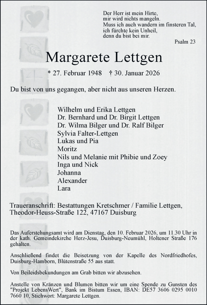  Traueranzeige für Margarete Lettgen vom 07.02.2026 aus Tageszeitung