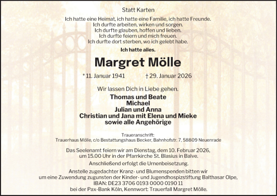 Traueranzeige von Margret Mölle von Tageszeitung