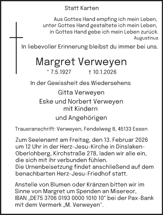 Traueranzeige von Margret Verweyen von Tageszeitung