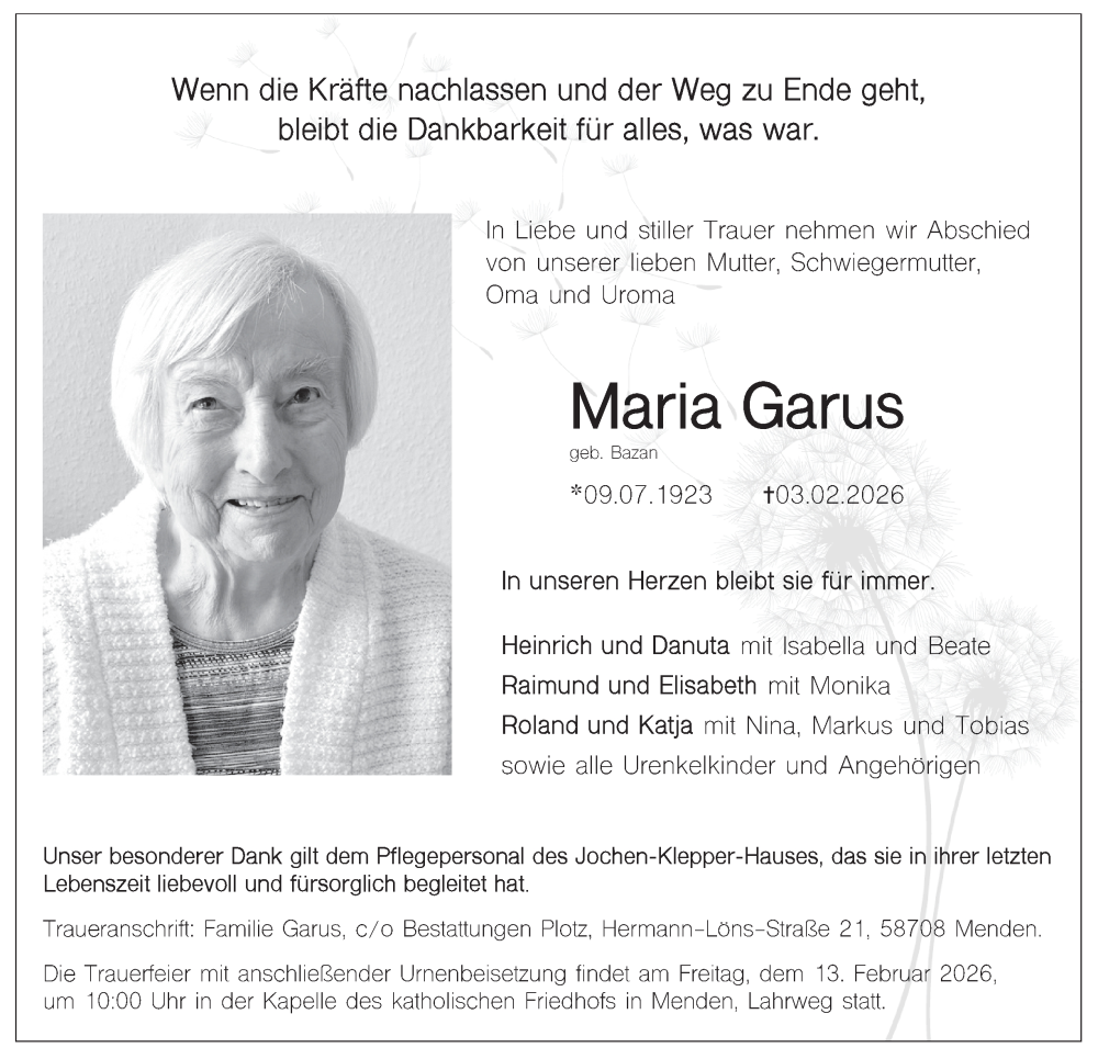  Traueranzeige für Maria Garus vom 07.02.2026 aus Tageszeitung